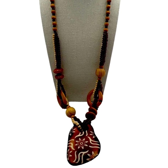 Handcrafted Wooden Beaded Necklace Set With Tribal Floral Pendant & Bracelets - Picture 6 of 15